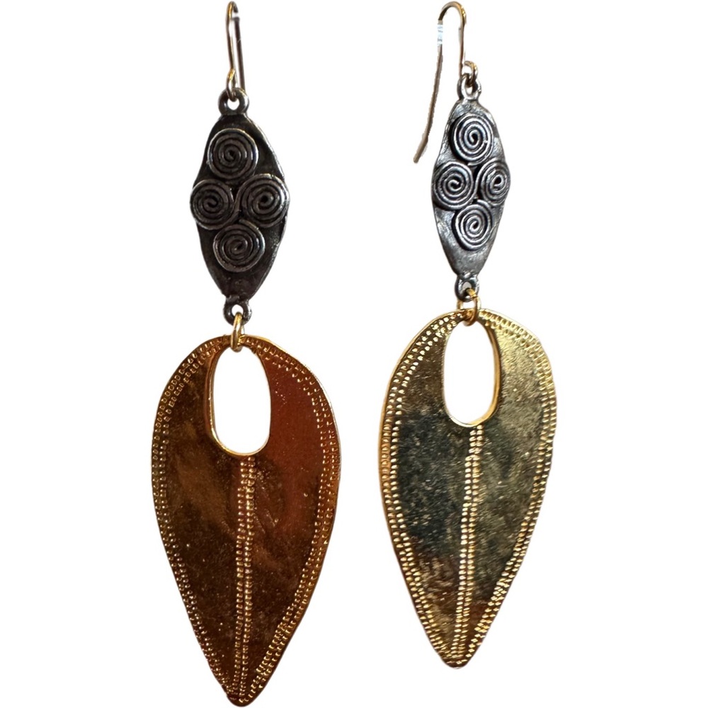 Devon Leigh 18K Gold Plated Antiqued Silver Tone Leaf Dangle Hook Earrings